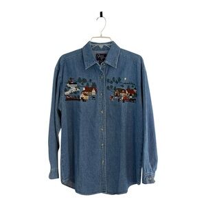 Vtg Denim Shirt Size S Christmas Winter Wonderland Embroidered Oversized Art